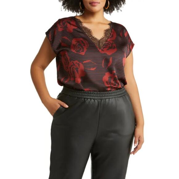 Halogen Burgundy Rosette Stripe Lace Trim Sleeveless Blouse Women's Size Small - Picture 8 of 8